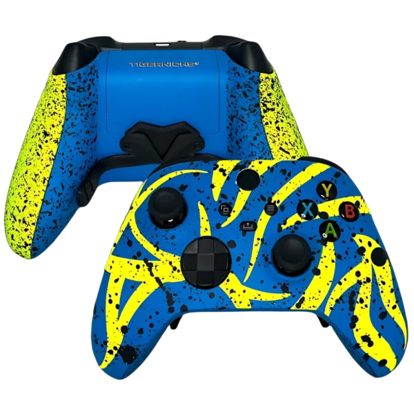 Controller Xbox Radiación di Tigernicks: frontale blu con tratti gialli e retro blu e giallo con palette