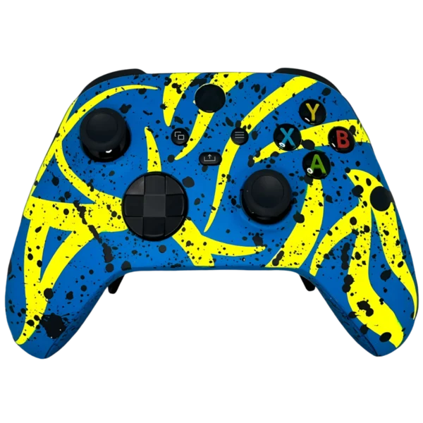 Frontale del controller Xbox Radiación: blu con tratti curvi giallo fluo e schizzi neri