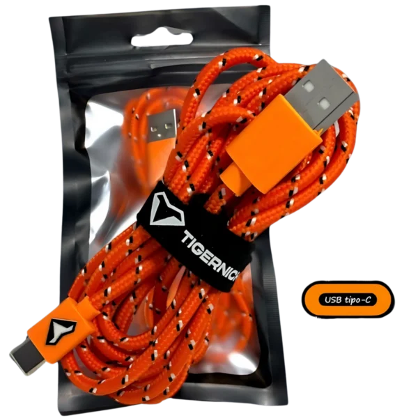 Cable Tiger tipo C: cable USB-C trenzado naranja de 2 metros con brida Tigernicks
