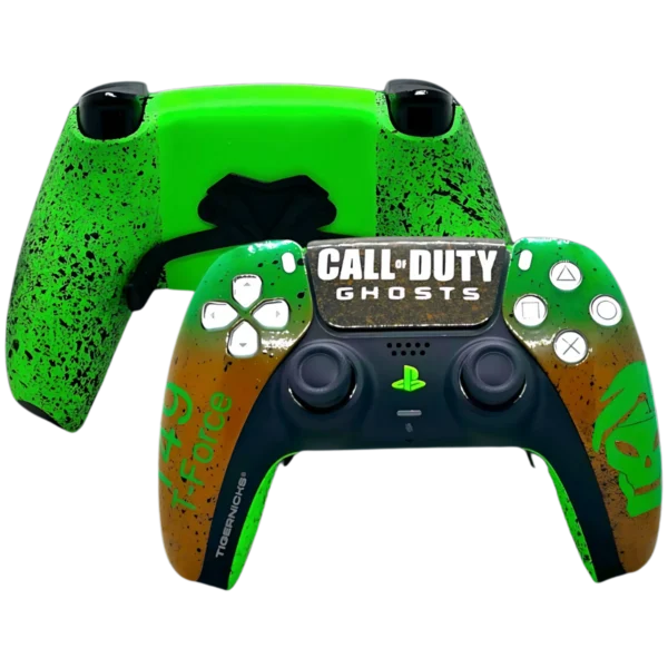Mando PS5 Cod de Tigernicks: frontal verde y marrón con Call of Duty Ghosts y trasera verde con paletas