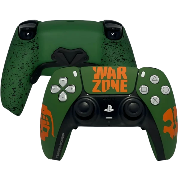 Controller PS5 Warzone di Tigernicks: fronte verde con scritta WARZONE arancione e retro verde con palette