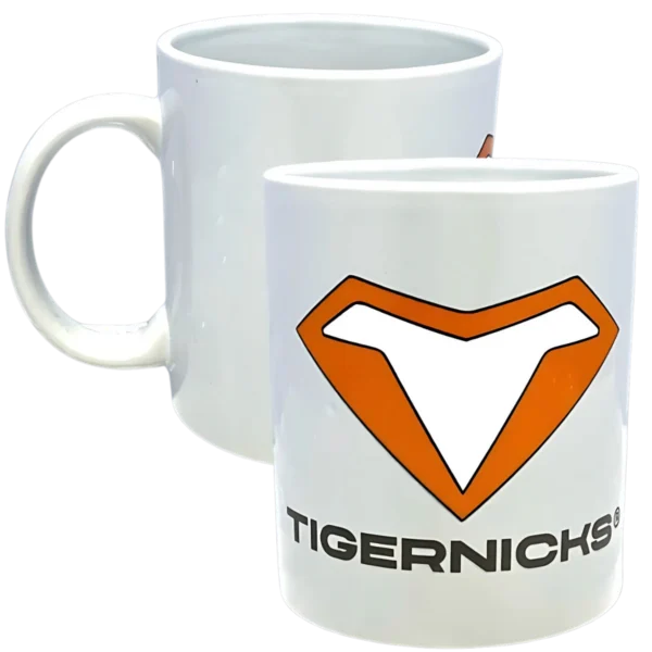Taza Tiger: taza blanca con el logotipo naranja de Tigernicks