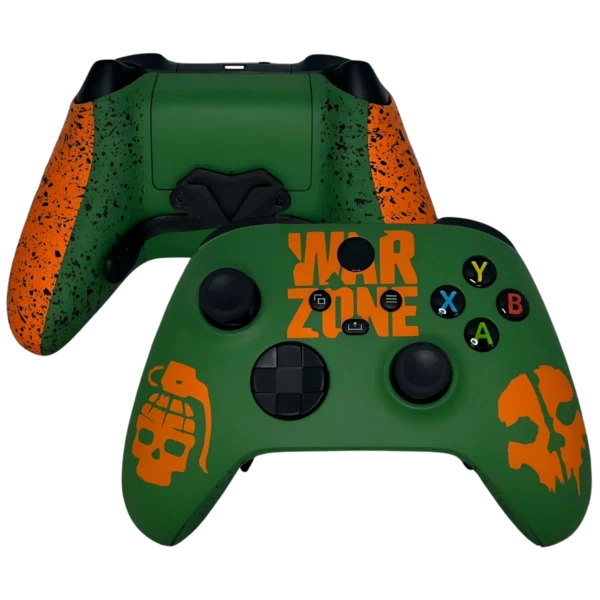 Mando Xbox Warzone de Tigernicks: frontal verde con rótulo WARZONE naranja y trasera con paletas