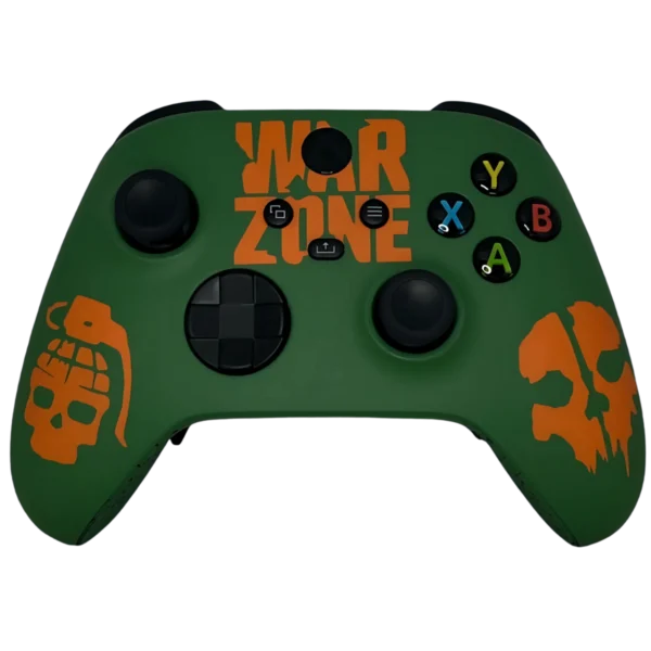 Frontal del mando Xbox Warzone: verde militar con rótulo, granada y calavera en naranja