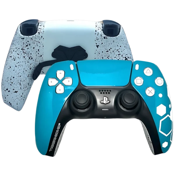 Mando PS5 Hexágono de Tigernicks: frontal azul turquesa con hexágonos blancos y trasera blanca con paletas