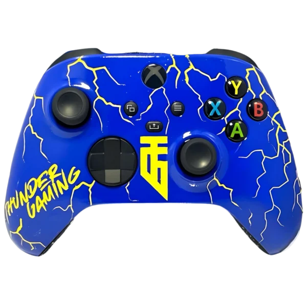 Frontal del mando Xbox THUNDER GAMING: azul brillante con rayos amarillos y logotipo del club