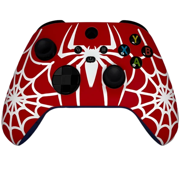 Parte frontale del controller Xbox Spider-Man: rosso con un ragno bianco al centro e ragnatele sulle impugnature