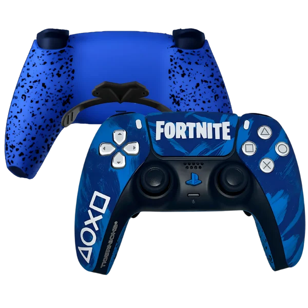 Mando PS5 FORTNITE de Tigernicks: frontal azul con Fortnite en el panel táctil y trasera azul con paletas