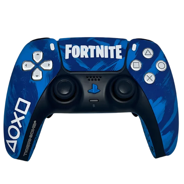 Frontal del mando PS5 FORTNITE: pinceladas azules, nombre del juego en blanco y centro negro