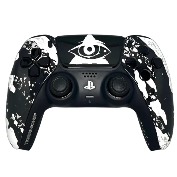 Parte frontale del controller PS5 Illuminati: nero e bianco con un occhio nel triangolo sul touchpad