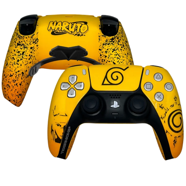 Mando PS5 de Tigernicks inspirado en Naruto: frontal amarillo con el símbolo de la Hoja y trasera con paletas