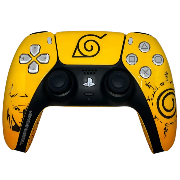 Frontal del mando PS5 inspirado en Naruto: amarillo con el símbolo de la Hoja y centro negro