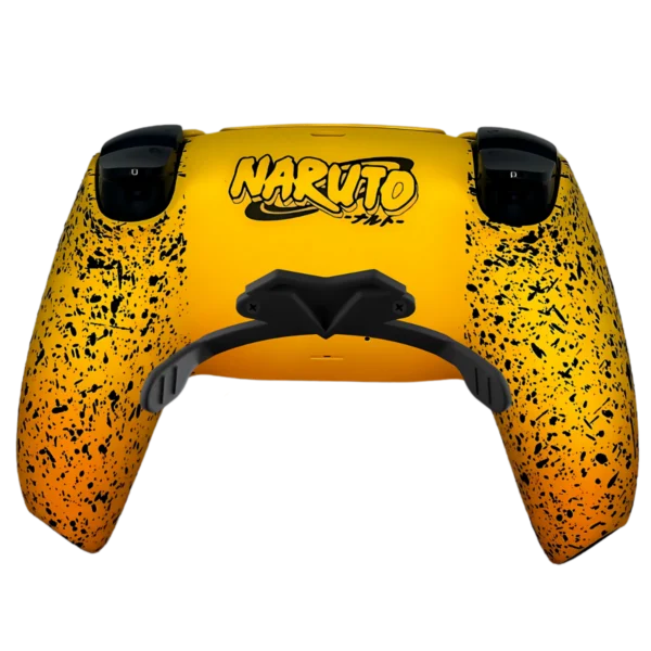 Trasera del mando PS5 inspirado en Naruto con paletas: amarilla y naranja con logotipo de Naruto