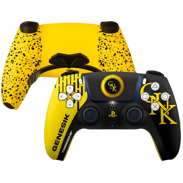 Mando PS5 GENESIK GAMING de Tigernicks: frontal negro y amarillo con el escudo del club y trasera amarilla con paletas