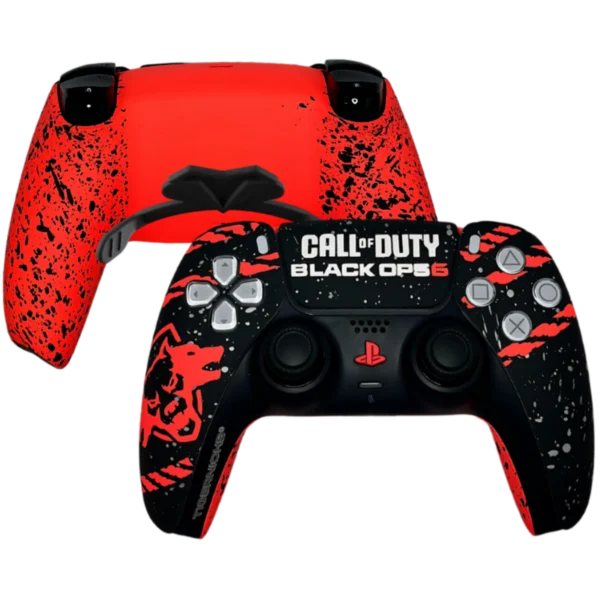 Mando PS5 Black Ops 6 de Tigernicks: frontal negro con zarpazos rojos y trasera roja con paletas