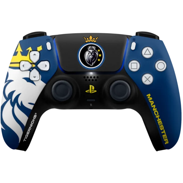 Frontal del mando PS5 EVF Manchester City: azul marino con león, nombre MANCHESTER y escudo del club