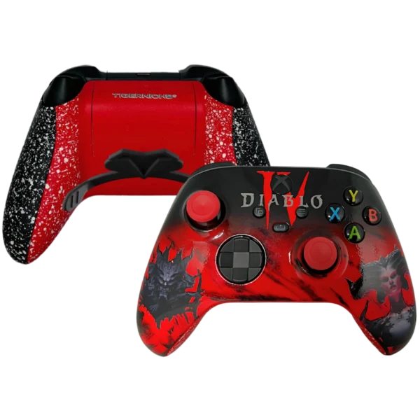 Controller Xbox Diablo IV di Tigernicks: frontale nero e rosso con il titolo del gioco e retro effetto schizzi