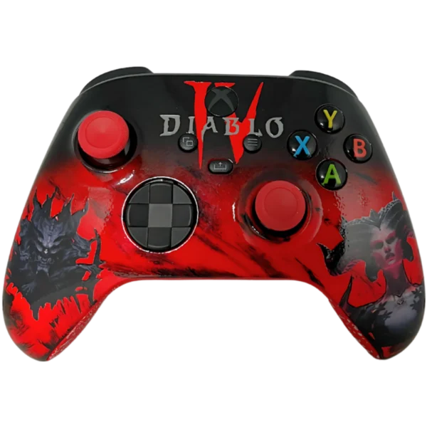 Parte frontale del controller Xbox Diablo IV: sfumatura nera e rossa con personaggi e levette rosse
