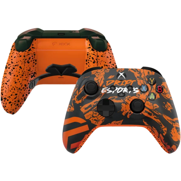 Mando Xbox DRIFT ESPORTS de Tigernicks: frontal negro con trazos naranjas y trasera naranja con paletas