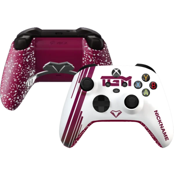 Mando Xbox TGM de Tigernicks: frontal blanco con franjas granate y trasera granate salpicada con paletas