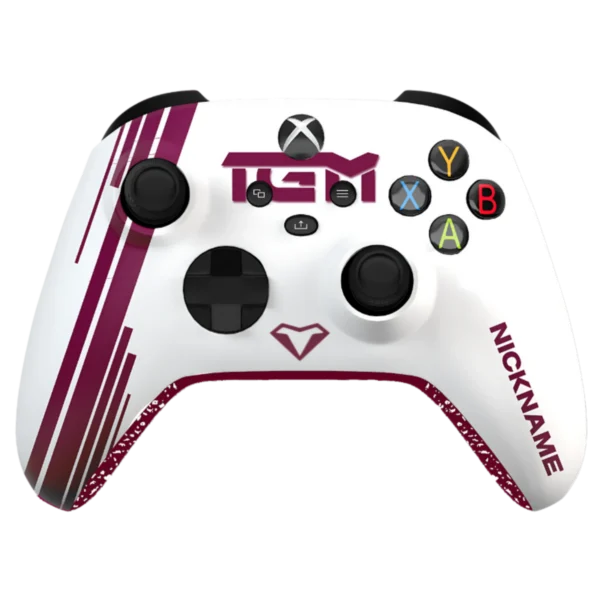 Frontal del mando Xbox TGM: blanco con franjas granate y logotipo del club TGM