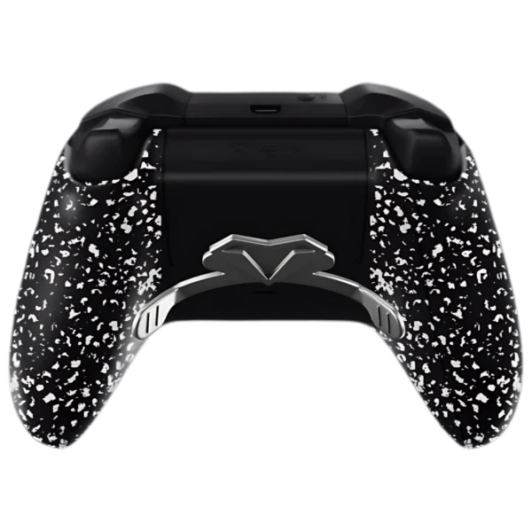Trasera del mando Xbox EVF Manchester City: negra con salpicado blanco y paletas plateadas