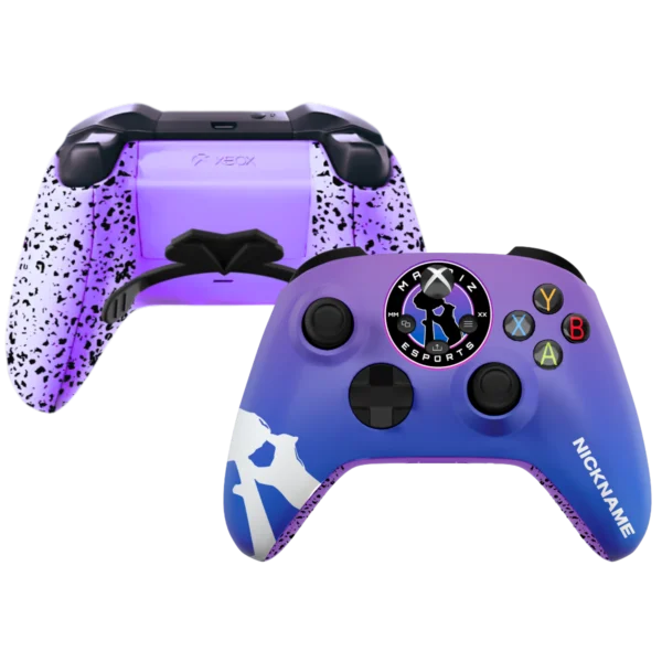 Controller Xbox MADRIZ di Tigernicks: frontale viola e blu con lo stemma del club e retro lilla con palette
