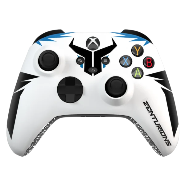 Frontal del mando Xbox ZENTURIONS: blanco con picos negros y azules y logotipo en el centro