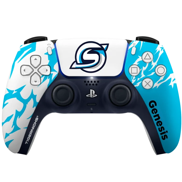 Frontal del mando PS5 GENESIS: blanco y azul celeste con el logotipo del club en el panel táctil