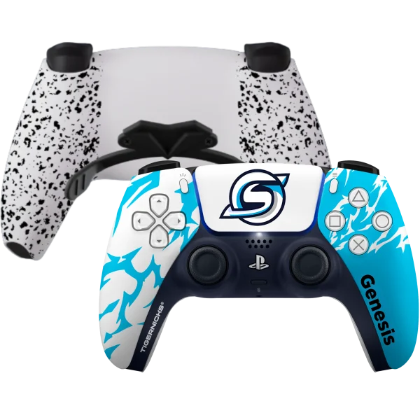 Mando PS5 GENESIS de Tigernicks: frontal blanco y azul con logotipo del club y trasera blanca salpicada con paletas