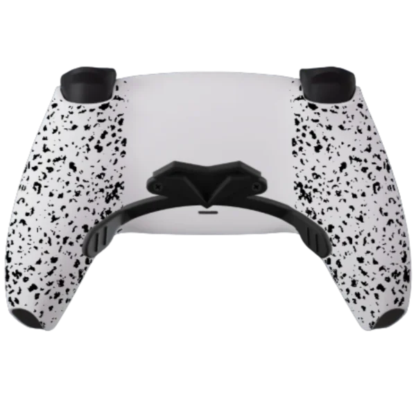 Trasera del mando PS5 GENESIS: blanca con salpicado negro y paletas traseras
