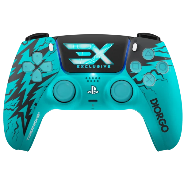 Frontal del mando PS5 EXCLUSIVE: rayos negros, logotipo EX en el panel táctil y nombre DIORGO