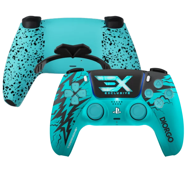Mando PS5 EXCLUSIVE de Tigernicks: frontal turquesa con rayos negros y trasera turquesa con paletas