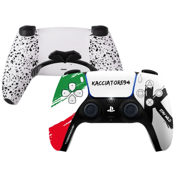 Mando PS5 KACCIATORE94 de Tigernicks: frontal blanco y negro con toques verdes y rojos y trasera blanca con paletas