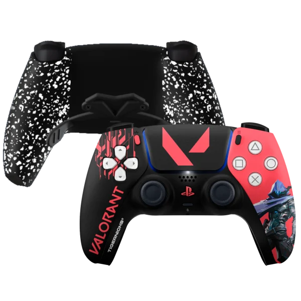 Mando PS5 Valorant de Tigernicks: frontal negro y coral con símbolo de Valorant y trasera negra con paletas