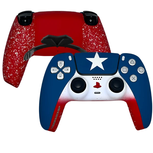 Mando PS5 Capitán América de Tigernicks: frontal azul con estrella blanca y trasera roja moteada con paletas