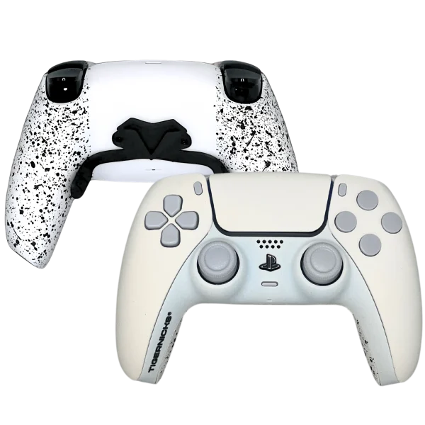 Mando PS5 Blanco Nevado de Tigernicks: frontal blanco con botones grises y trasera salpicada en negro