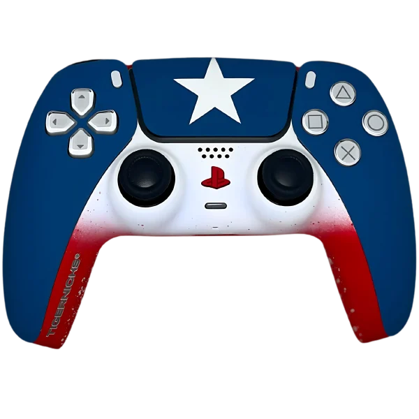 Frontal del mando PS5 Capitán América: azul, blanco y rojo con una estrella en el panel táctil