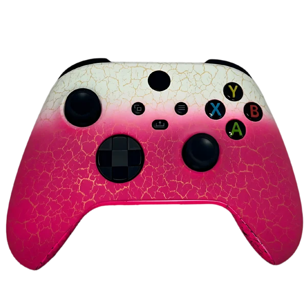 Parte frontale del controller Xbox Pink White: sfumatura bianca e rosa fucsia effetto craquelé con venature dorate