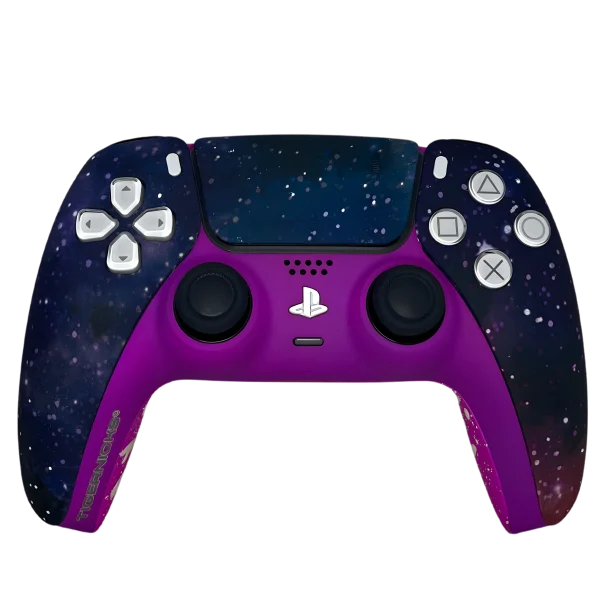 Vista frontale del controller PS5 Galaxy: stampa galassia con stelle e centro viola