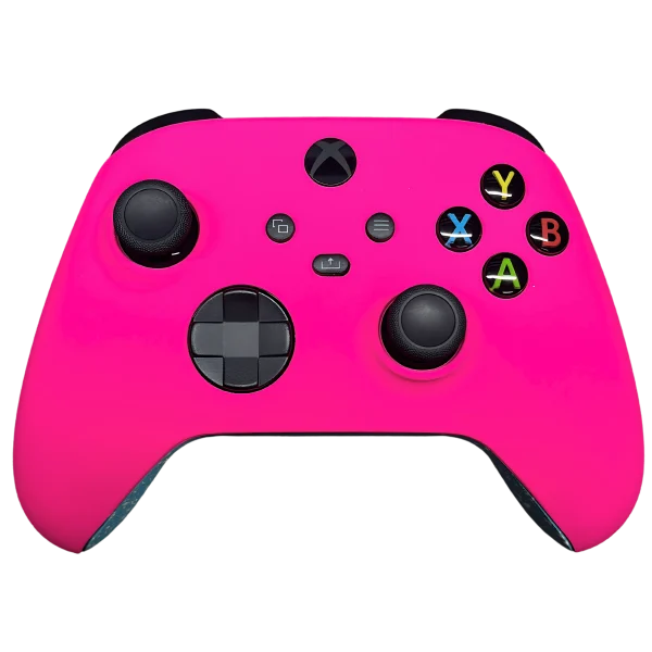 Vista frontale del controller Xbox Pink Blue: rosa fucsia con levette e croce direzionale nere