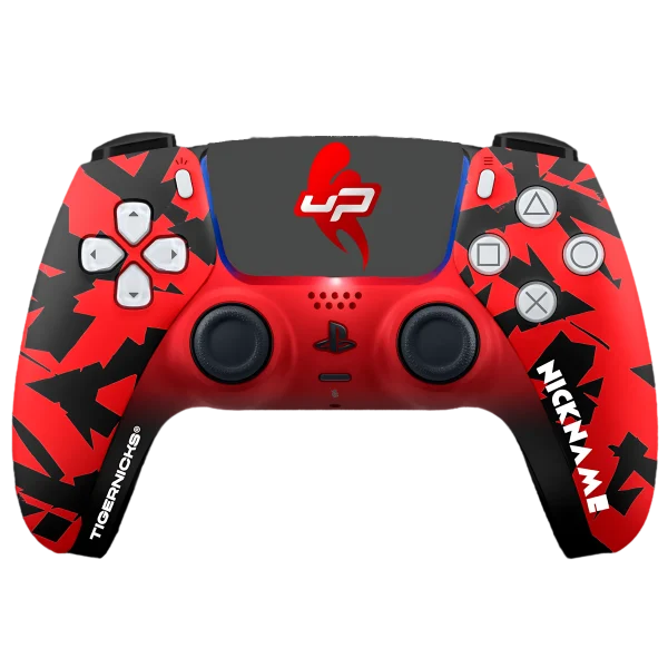 Frontal del mando PS5 GROW UP ESPORTS: camuflaje rojo y negro y logotipo UP en el panel táctil