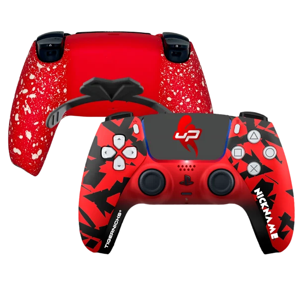 Mando PS5 GROW UP ESPORTS de Tigernicks: frontal con camuflaje rojo y negro y trasera roja salpicada