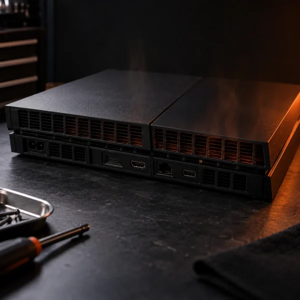 PS4 que se calienta con aire caliente saliendo por las rejillas traseras